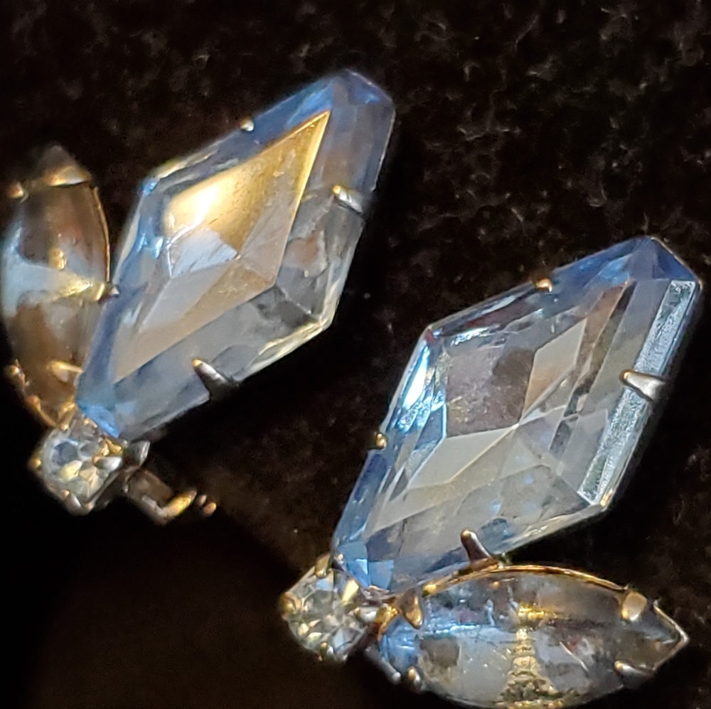Vintage silvertone clip-on earrings with faux blue topaz